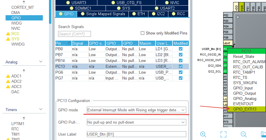 Сначала правой клавишей на пины упрощенной схемы микросхемы, где надо выбрать GPIO_EXTI13. Далее в пункте GPIO  одноименной вкладке GPIO находим целевую строчку PC13