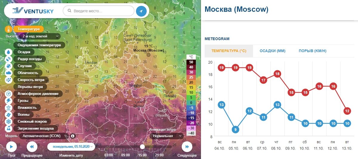 Москва, карта температур