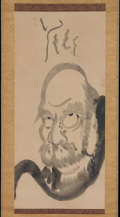 Хакуин Экаку, Портрет Дарумы , середина XVIII века, период Эдо, Япония, висящий свиток, бумага, тушь, 117,5 х 54 см (Метрополитен-музей)