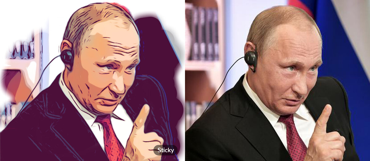 Слева стикер. Справа фото президент России Путин В.В.