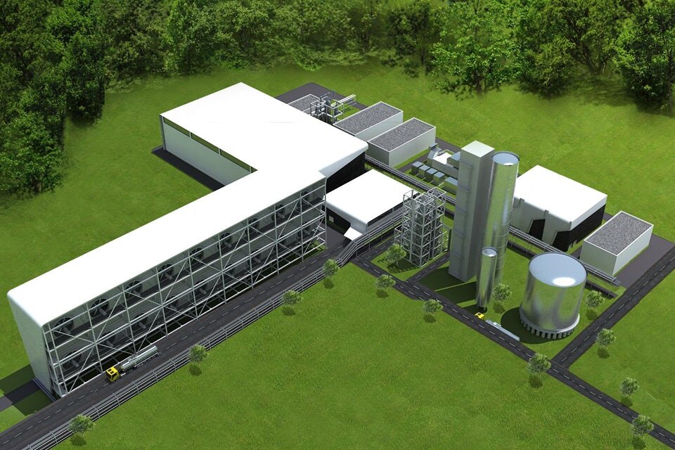 Графическое представление предприятия, которое использовало бы, разработанный Carbon Engineering процесс производства топлива из воздуха объемом примерно 250 баррелей в день чисто и безотходно сгораемого синтетического топлива