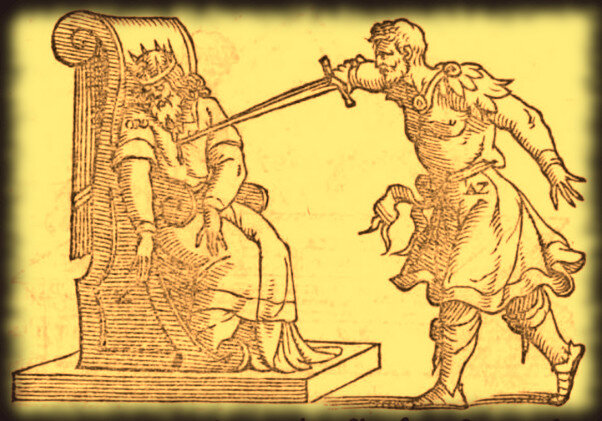 Меркурий убивает короля, олицетворяющего золото (символическое изображения из книги Петра Бонуса, Венеция, 1547)