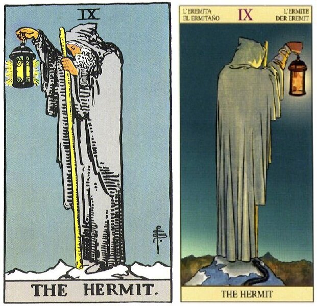 Старец с посохом (поддержка благоразумия и опора на рациональное мышление) и зажженным фонарем, выражающим свет разума, образ исканий  и потребностей в свете для достижения цели. Внутри фонаря - звезда - источник света без фитиля и топлива, ее свет везде. Символизирует понимание и знание. Протянутая рука - психологический проводник в иной мир. Плащ-готовность идти. Горы-высокие духовные достижения. Седые волосы и борода-символ возраста, отождествляемого с опытом. Что-же означает  змея за спиной?