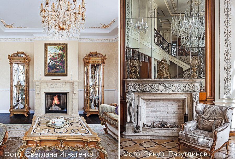 Гостиная в подмосковном коттедже разделена на две зоны: развлекательную с телевизором и релаксационную у камина (фото слева). Автор проекта: дизайнер Екатерина Корнилова (студия дизайна SDEK Interiors). Фальшкамин с оформлением портала из состаренного травертина в жилом пространстве московской квартиры (фото справа). Авторы проекта: архитектор-дизайнер Борис Коломейченко, дизайнер Ирина Коломейченко (архитектурно-строительная фирма Lart du Style). Отделочные работы: Андрей Нартов (СГ «Квадро»).
