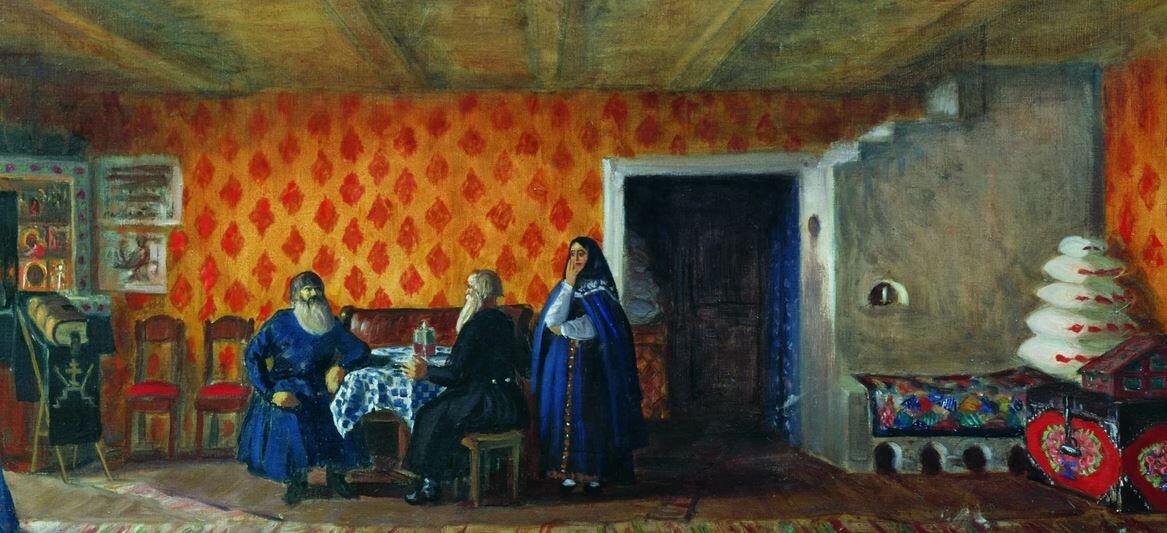 Б. Кустодиев. Эскиз декорации к комедии М. Е. Салтыкова-Щедрина "Смерть Пазухина". Комната в доме Пазухина. 1914 г