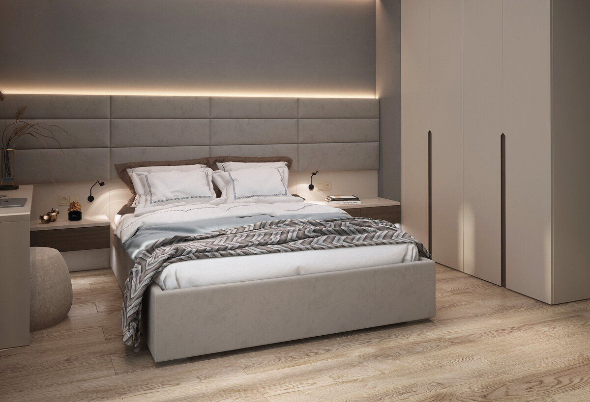 Описывая идеальную спальню дизайнеру, многие клиенты даже используют формулировку «кровать как в отеле».  На фото: «Стильные Кухни».
