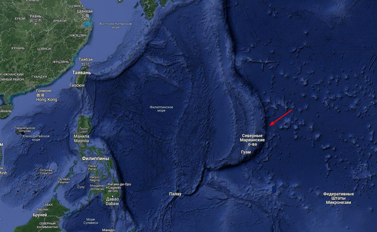 Фотография Мариинской впадины со спутников в Google Maps