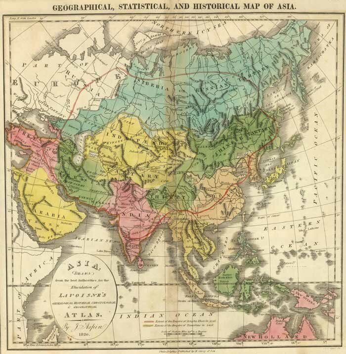 Карта трех Тартарий из Всемирной истории Дионисия Петавиуса, 1659 год (вкл. "Siberia or Russian Tartary" с Tobolsk, Astracan, Iakutsk), с тремя блоками текста по краям. Западнее - вторая Russia (с Moscow, Petersburgh, Archangel, Cherson).