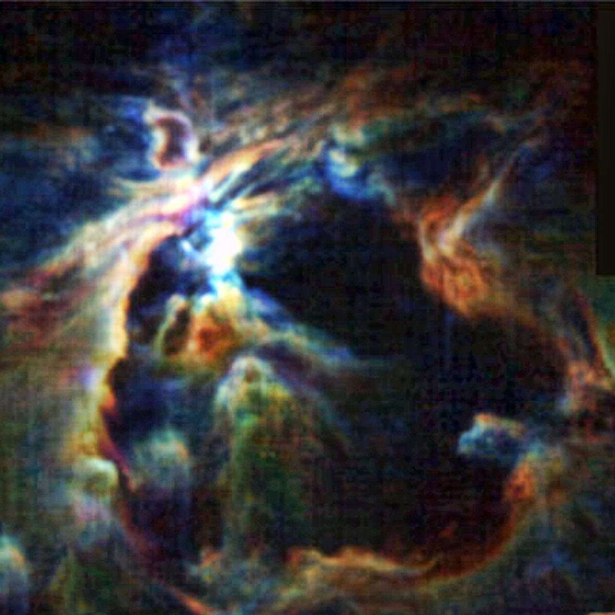 Астрономы использовали химический отпечаток ионизированного углерода, чтобы проследить трехмерную структуру туманности — и движение этой структуры. Наблюдения показывают, что самая яркая из младенческих звезд туманности, получившая название θ 1 Orionis C, испускает мощный звездный ветер, который сместил окружающий материал в большую пузырчатую оболочку. Оказывается, что толчок ветра, а не давление звездного света, сильнее всего влияет на газ туманности и, в конечном итоге, на будущее звездного региона. 
Источник: NASA / SOFIA / Pabst et al.