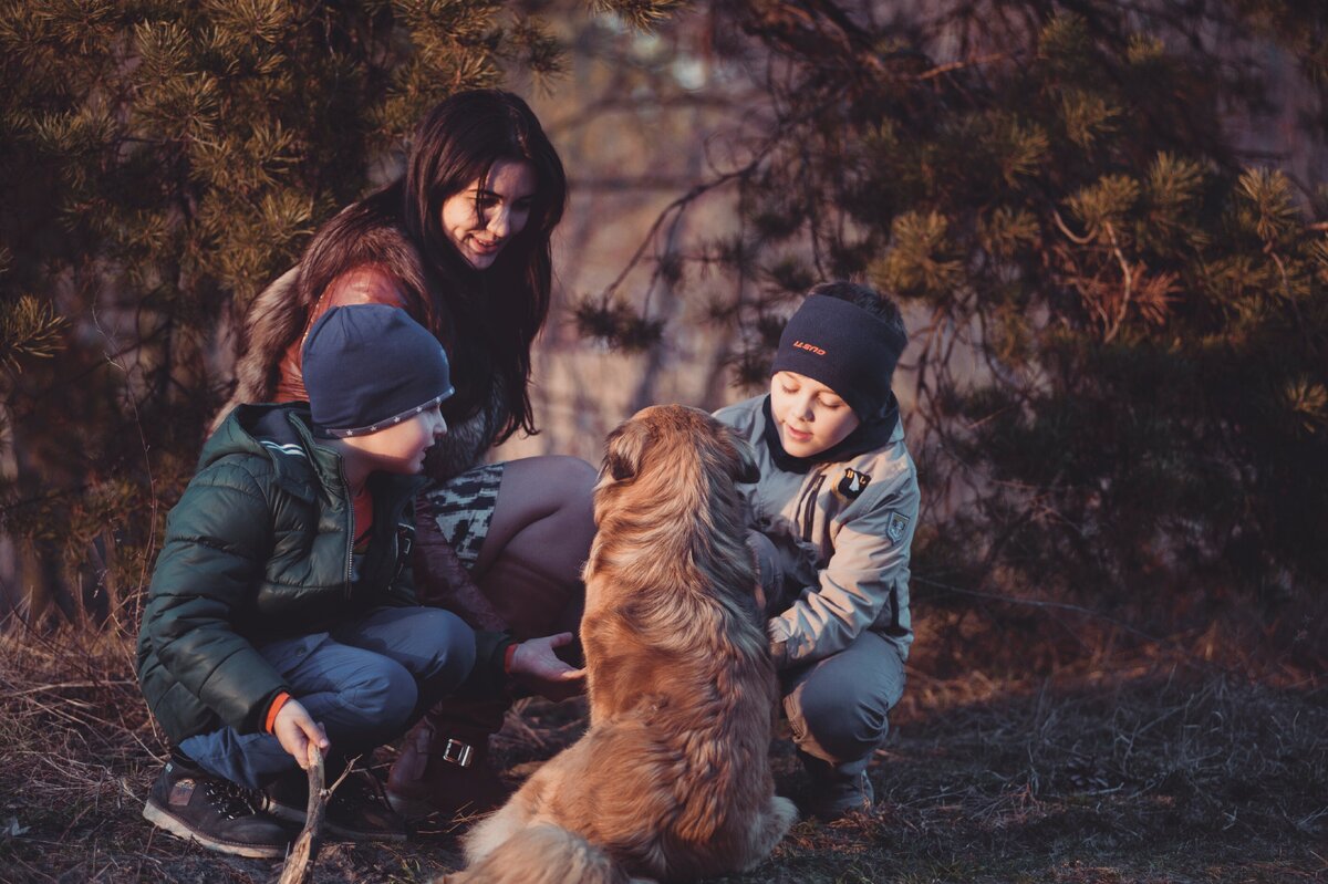 Было время мама гуляли. Женщина с собаками и детьми. Семья с собакой. Фото семьи с собакой. Прогулка с собакой картинки.