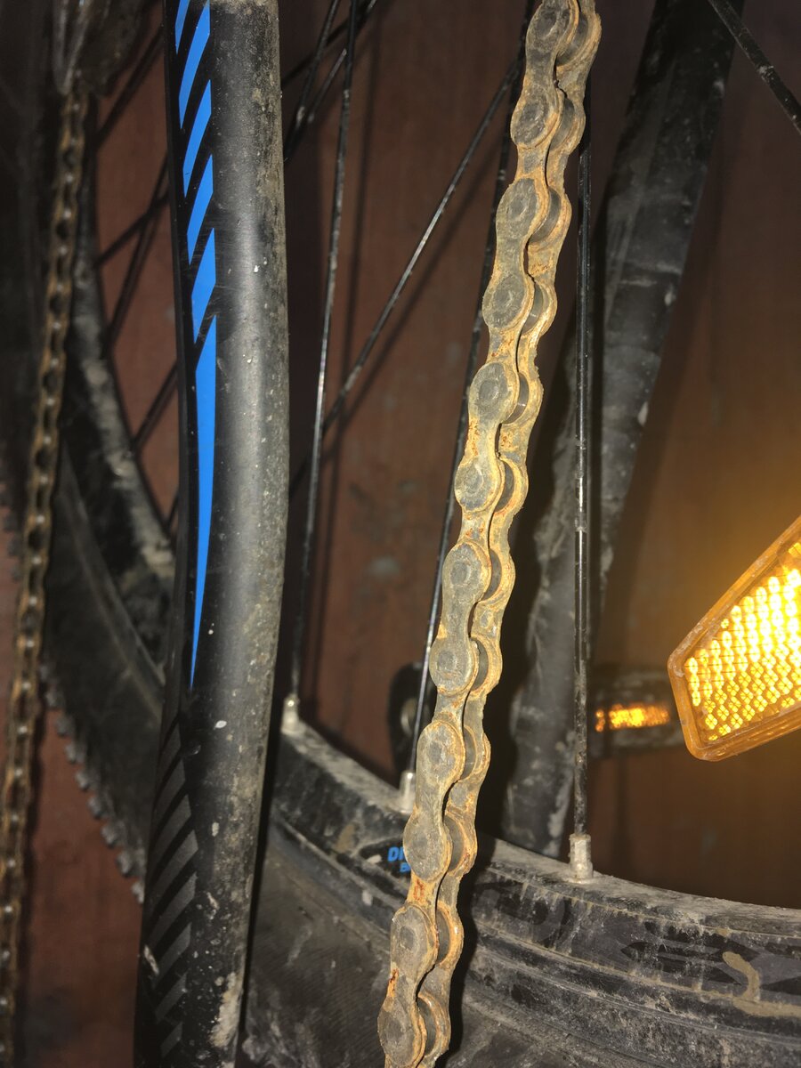 Цепь ржавеет, гибкость потеряна.