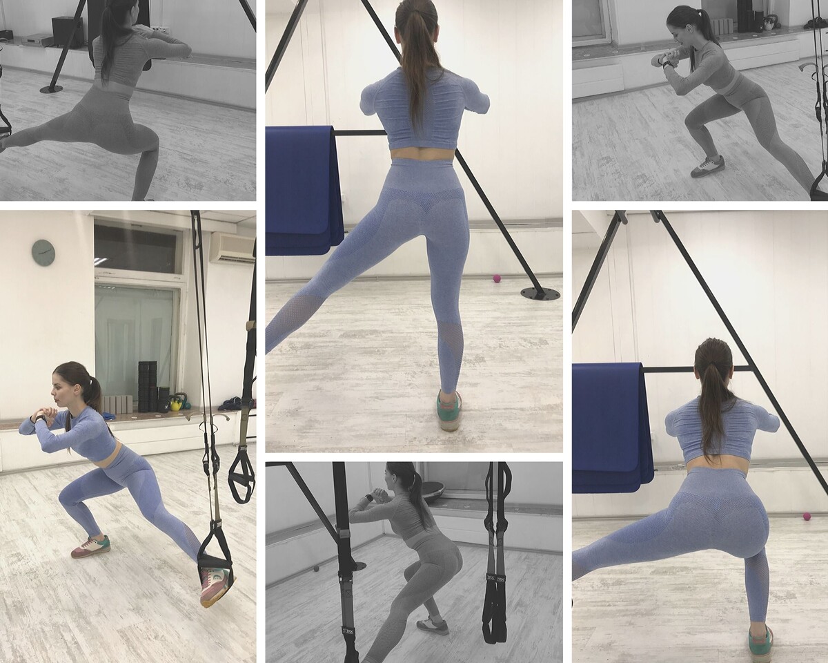 Выпады в стороны с подвешенной ногой. Фото автора.