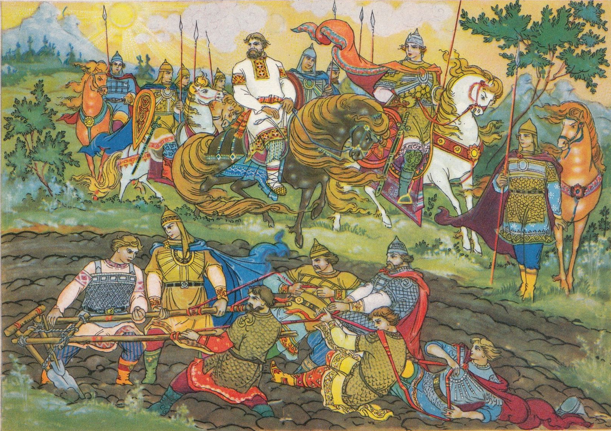 Дружина пытается вытащить сошку Микулы.