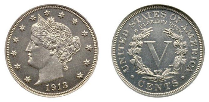 "Голова свободы" - 5 центов, отчеканенные в 1913 году в США