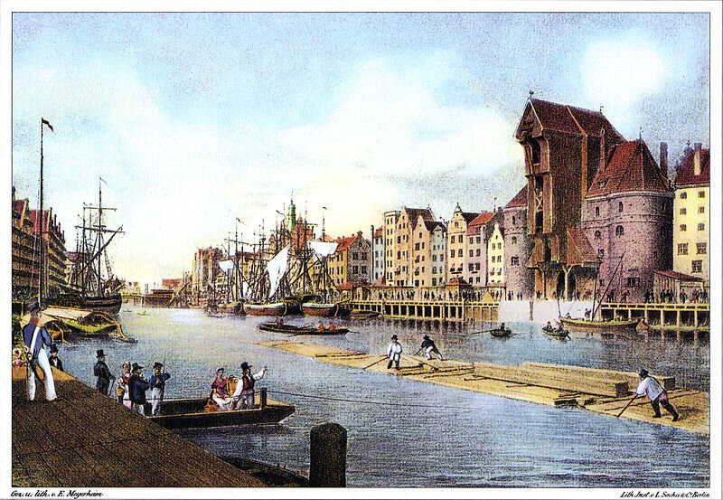 Набережная "Длинный мост" с портовым краном в Данциге 19 века.