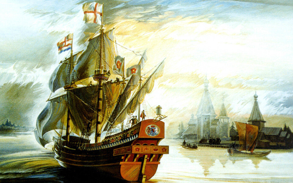 «Корабль Ченслера «Эдуард Бонавентура» в Никольском устье» картина художника Андрея Мартынова, 1553 год                                                                                                                         Фото: winallos.com