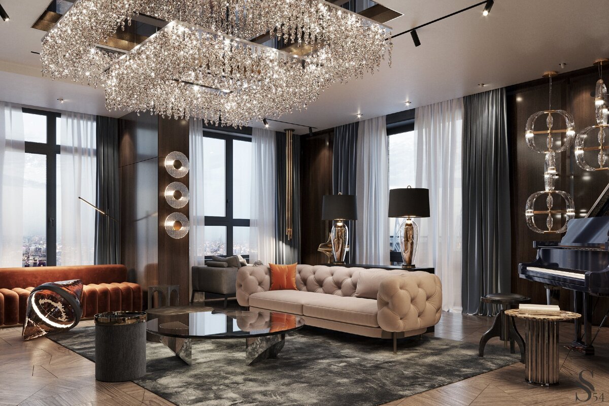 Обилие света, акцентная люстра Ilfari и изысканная мебель Minotti создают роскошную атмосферу гостиной