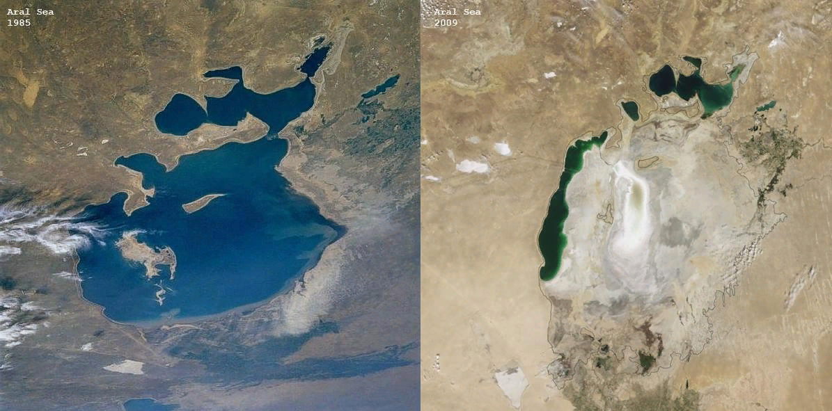 Аральское море в 1985 году (слева) и 2009 году (справа). 