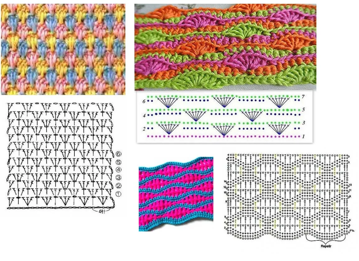 Многоцветные узоры крючком со схемами