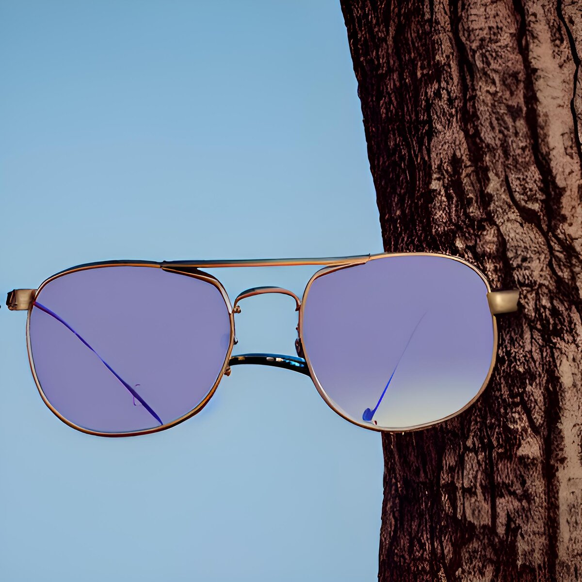 metal sunglasses with reflection of tree