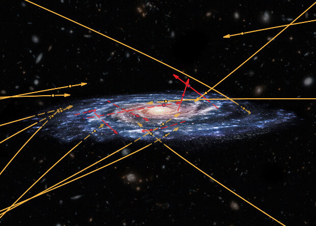 Позиции и реконструированные траектории движения 20 звезд 
NASA / ESA / Hubble (background galaxies)