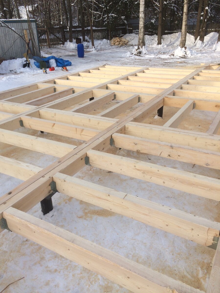 Вот так выглядит наш ростверк из соединённых между собой брусьев 200*100 мм в итоге получается цельная конструкция 200*200 мм , также в местах где будут комнаты уложены балки пола 200*100 мм