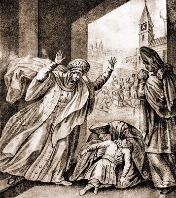 Смерть царевича Димитрия в 1591 году. Литография П. Иванова по рис. Б. А. Чорикова. Ок. 1836 г. (ГПИБ)