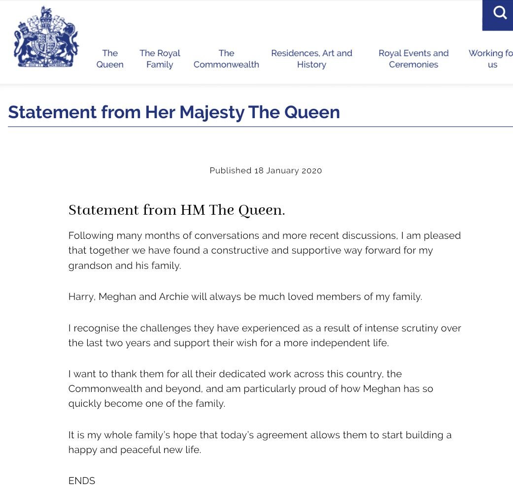 Заявление от имени ее Величества Королевы Елизаветы. Источник: www.royal.uk