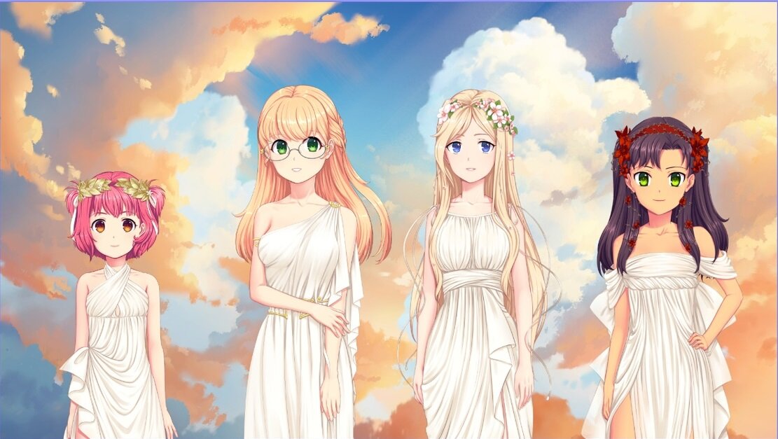 Те же, но в истинном облачении (древнегреческую мифологию под ред. Куна все читали?): мойра Клото (Нона), Адрастея (греческая богиня мстительной справедливости), мойра Лахесис (Децима), мойра Атропос (Морта). И на самом деле, мойры тоже богини. Источник: скриншот из новеллы «Moe Era!». ©ComfyCompany.