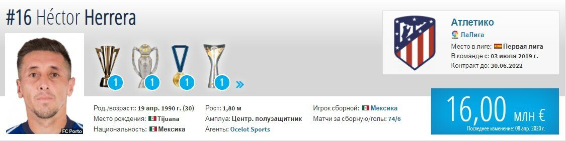 Профайл Эррера - сайт «Transfermarkt»