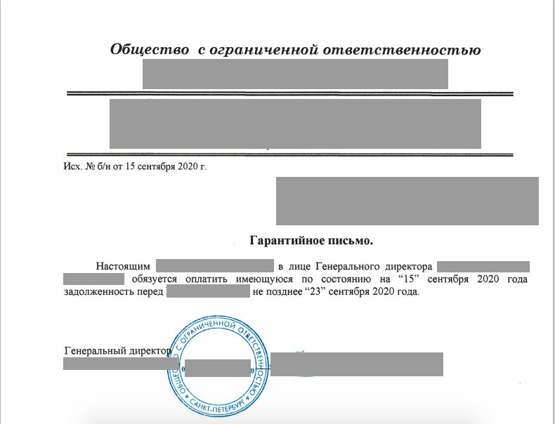 Гарантийное письмо, реквизиты скрыты по понятным причинам