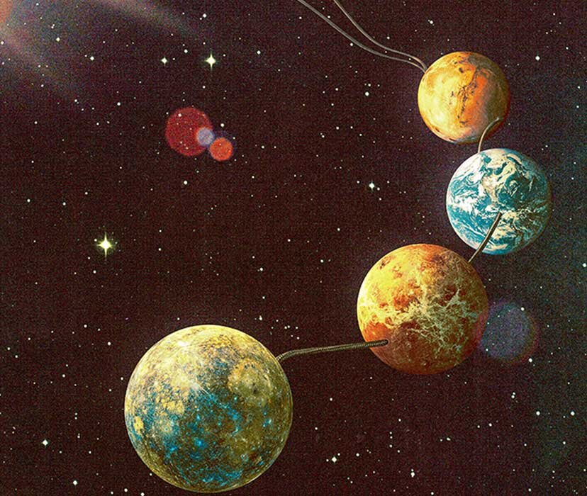 Рисунок планет внутренней области Солнечной системы: Меркурий, Венера, Земля, Марс.