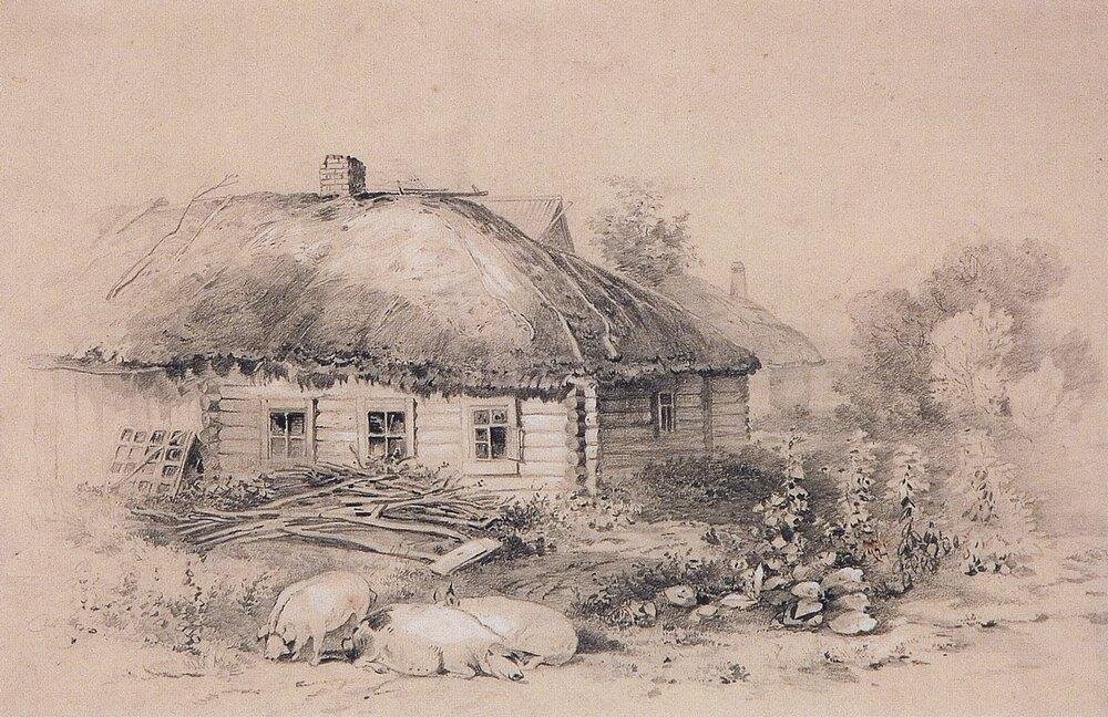 Рисунок карандашом русской деревни