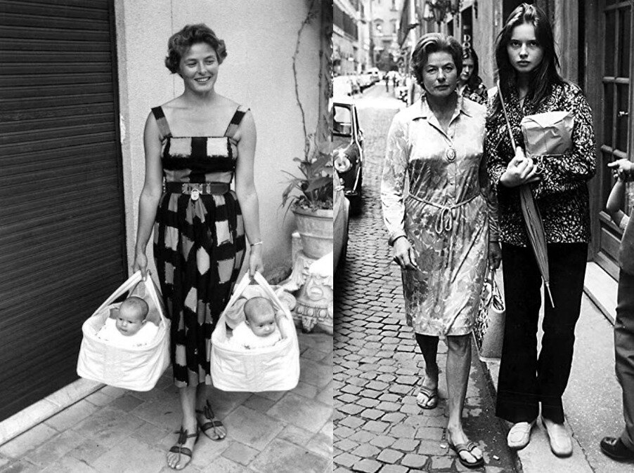 Ингрид Бергман с новорожденными Изабеллой Росселлини и Изоттой. Справа: Ингрид Бергман с дочерью Изабеллой Росселлини.