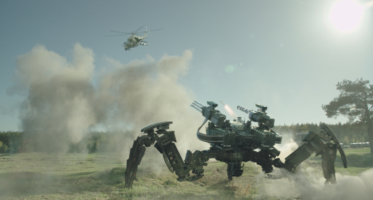 Прекрасно выполнена сцена с боевыми роботами. Жаль, что авторы не знали о способностях вертолёта Ми-24 вести прицельный огонь не входя в зону работы средств ПВО (километров с 90). (с) Кадр из фильма