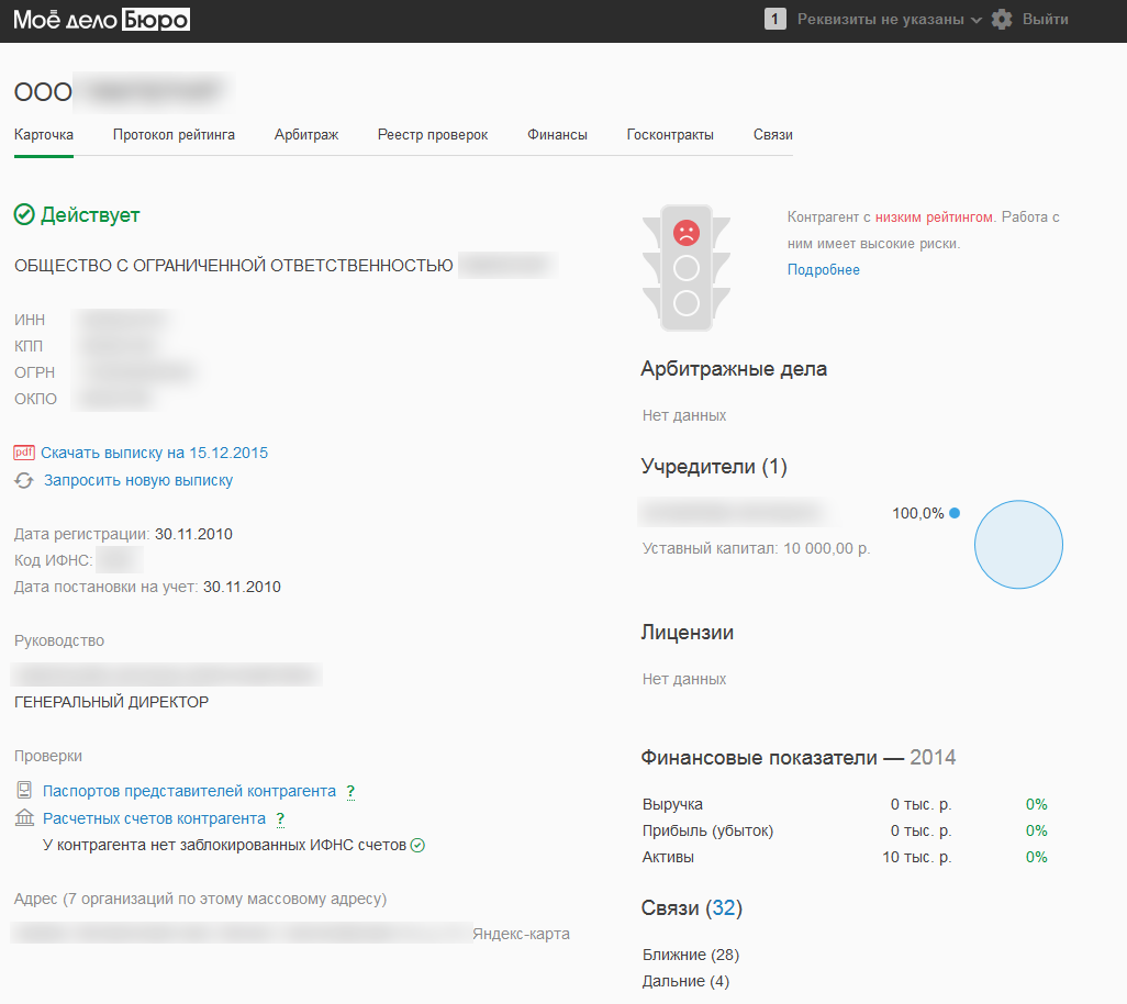 Компания не прошла проверку сервиса «Мое дело.Бюро» — рейтинг надежности низкий