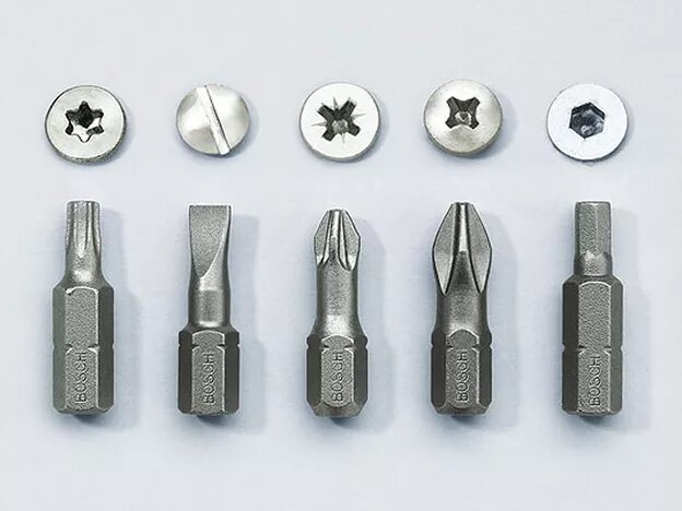 Биты для отвертки, слева направо: Torx, плоский шлиц, Pozidriv, Philips, шестигранная.