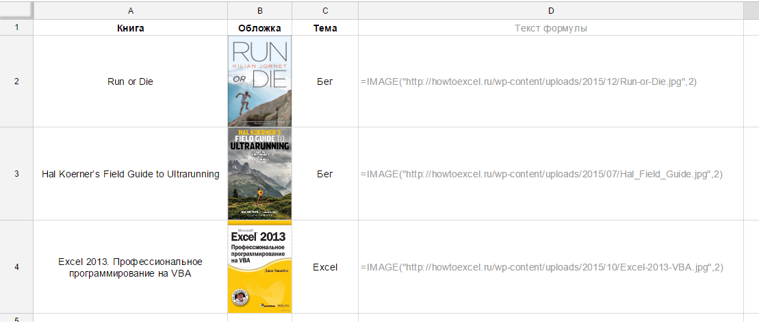 Для этого в столбце «Обложка» введем функцию IMAGE — в каждой строке с соответствующей ссылкой. Сам текст формул указан правее. Второй аргумент — mode — равен 2, поэтому обложки будут целиком растягиваться до размеров ячеек (возможно очень небольшое искажение пропорций, так как второй режим это допускает):
