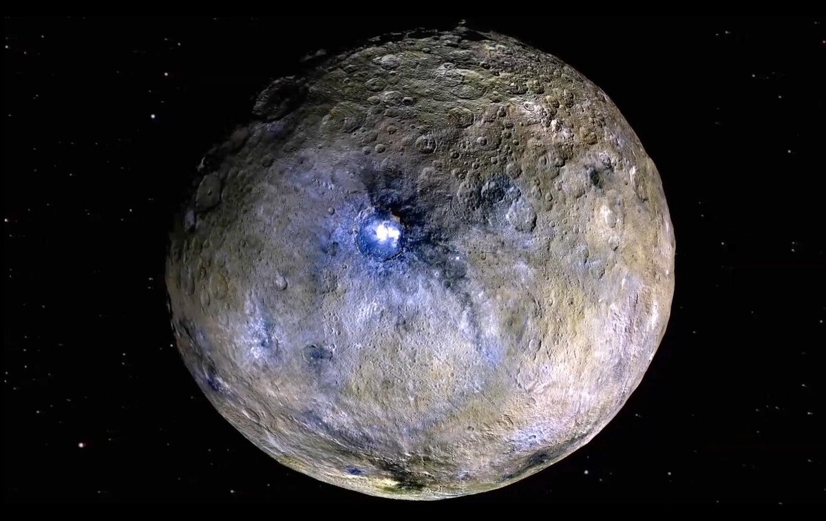 Церера. На изображение подчёркнуты особенности поверхности карликовой планеты. Источник: NASA/JPL-CalTech/UCLA/MPS/DLR/IDA.