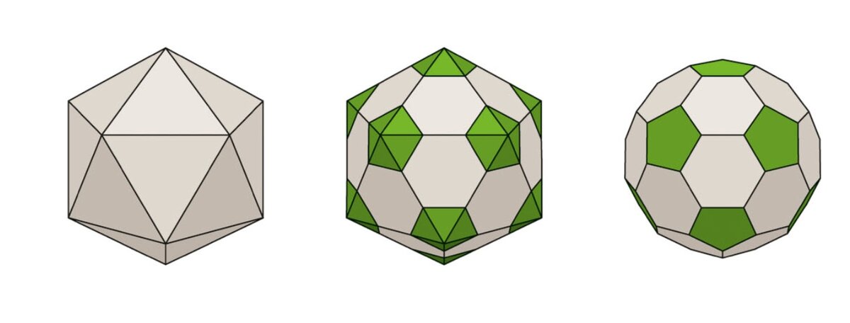 Превращение икосаэдра в модель футбольного мяча