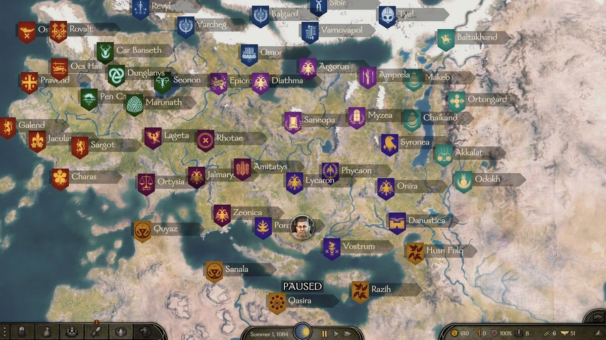 Карта кампании — городов много, замков еще больше, деревень и вовсе не счесть.