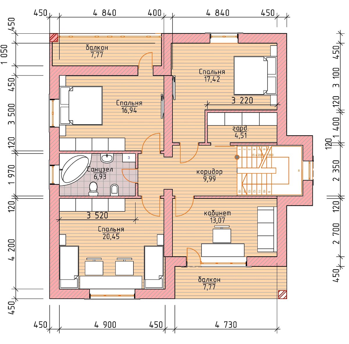 Кирпичный дом 11х12 м. площадью 210 м² (Визуализация + планы этажей и фасады с размерами) ??