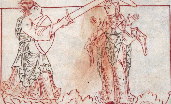 Ира нападает на Пациенцию, из "Психомахии" Пруденция, английский язык, 11 век.