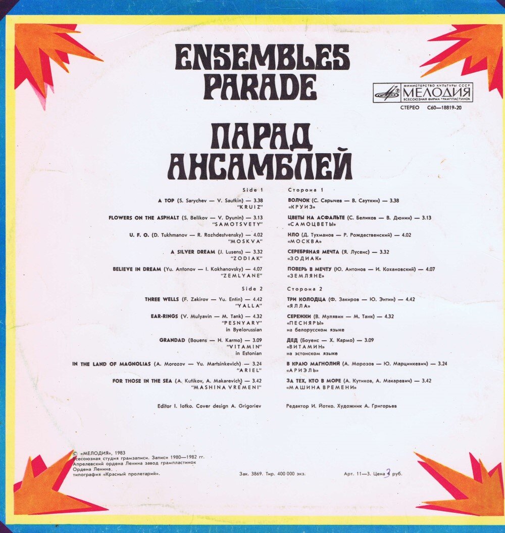 "Парад ансамблей 1". Оборот пластинки. "МЕЛОДИЯ", 1983 Всесоюзная студия грамзаписи. Записи 1980 - 1982 годов. Апрелевский ордена Ленина завод грампластинок.
