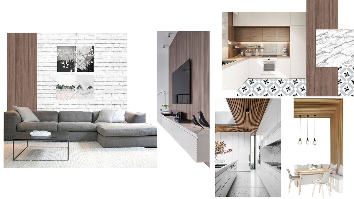 Коллаж - концепт. Светлые тона, добавление натурального дерева, небольшие черные акценты для контраста. 