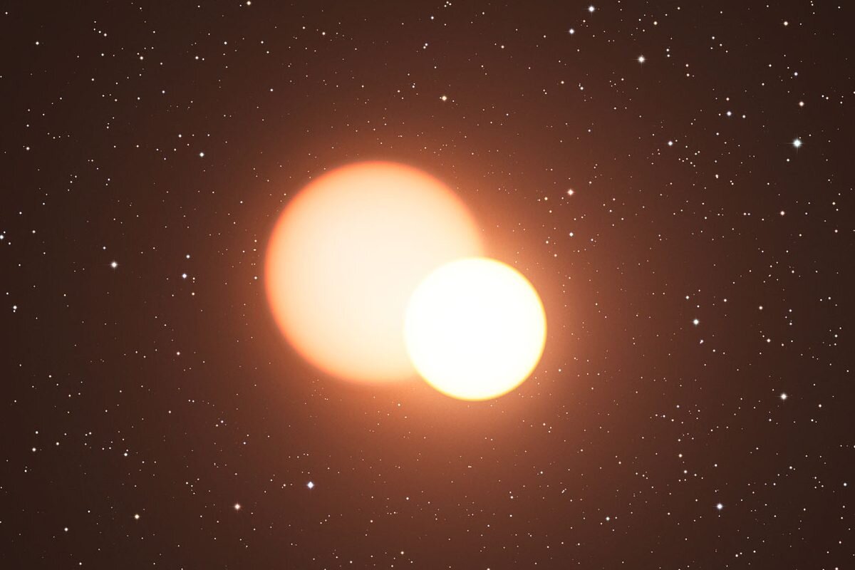 Тройная звездная система Альфа Центавра ABC. На фото представлены Альфа Центавра  А и Альфа Центавра В - красный карлик Проксима Альфа Центавра (С) вне поля зрения. Расстояние от Земли - более 4 световых лет. 