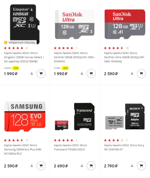 Пример цен на карты 128 Gb 