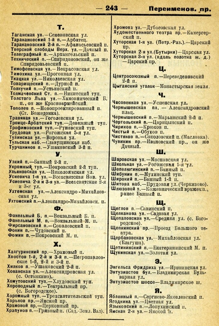 Переименование улиц Москвы в 20-х годах: список ("Москва в планах, 1926 год", из материалов Исторического Архива Александра Любимова)
Полностью этот список см. здесь: https://vk.com/wall-2377201_64833 