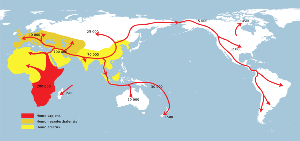 карта заселения мира  из колыбели Человечества - Африки (фото Википедия)