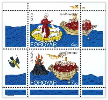 Святой Брендан открывает Фареры и Исландию. Почтовый блок Фарерской почты. Источник: Wikimedia Commons